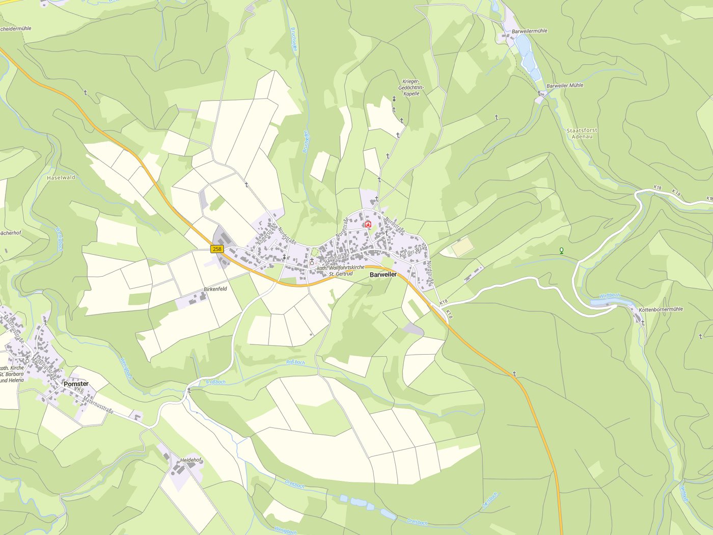 Kartenausschnitt Barweiler mit Gewässern