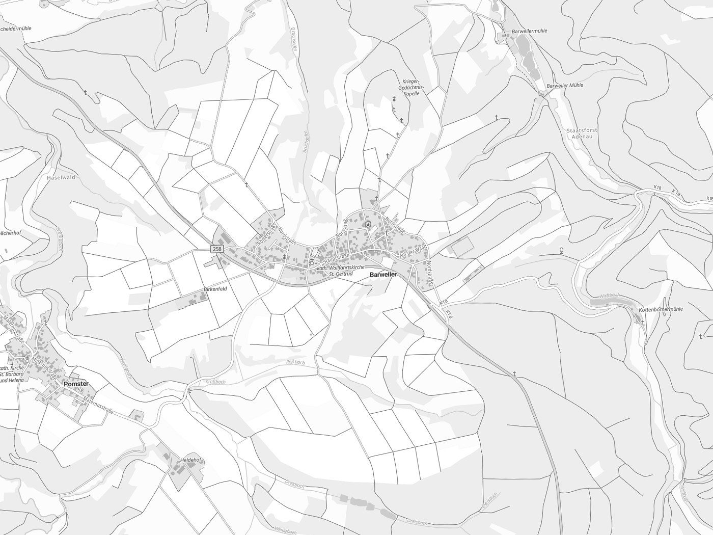 Kartenausschnitt Barweiler mit Gewässern