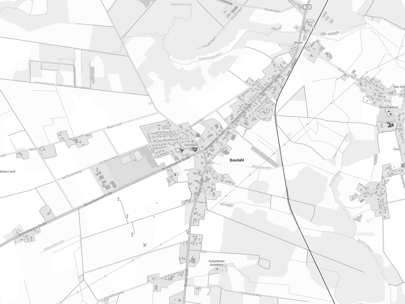 Kartenausschnitt Basdahl mit Gewässern