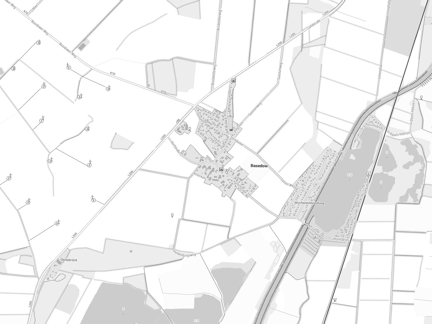 Kartenausschnitt Basedow mit Gewässern