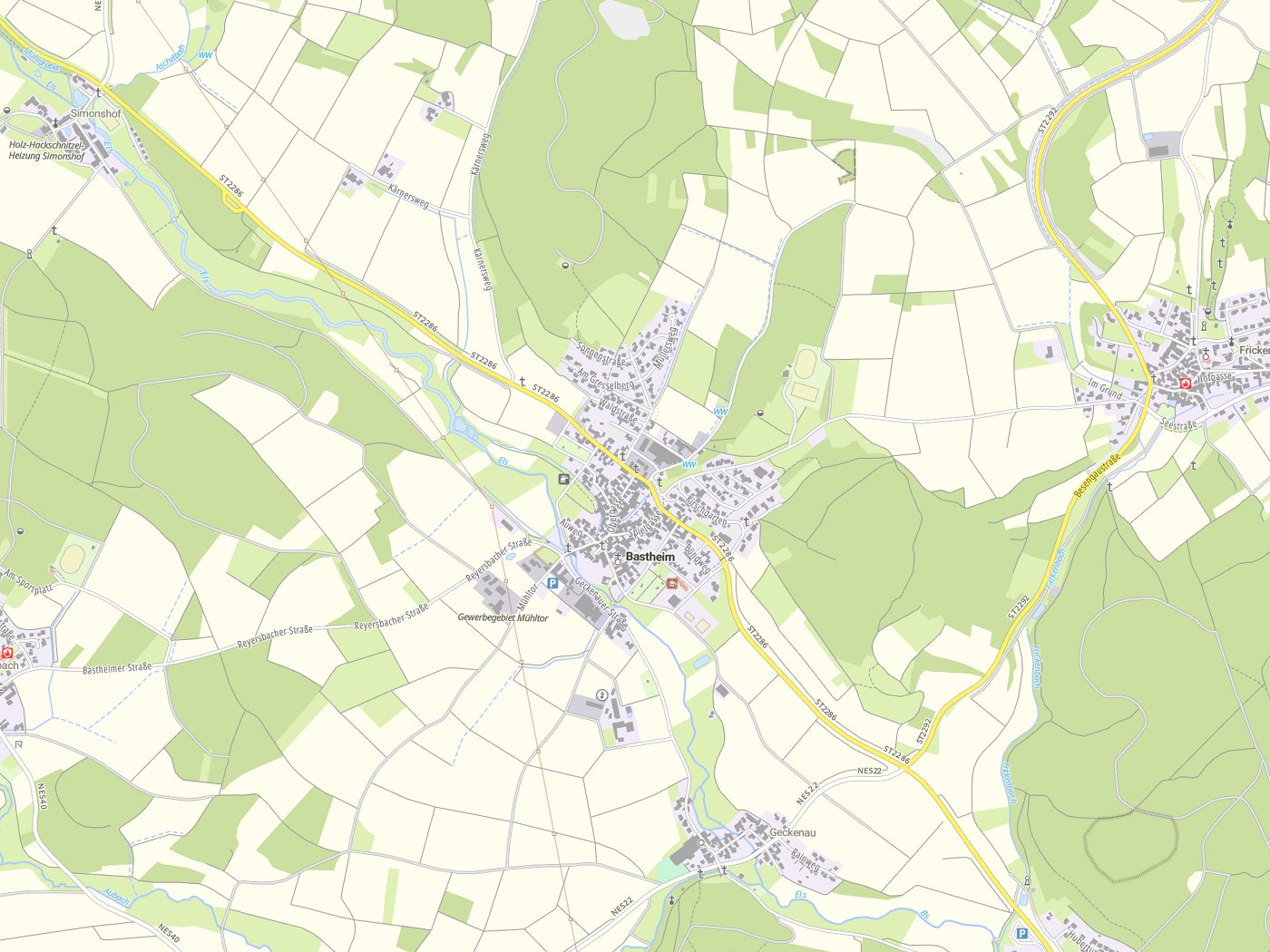 Kartenausschnitt Bastheim mit Gewässern