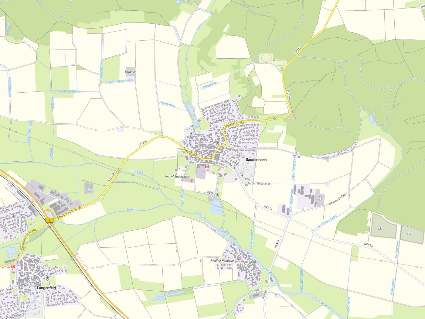 Kartenausschnitt Baudenbach mit Gewässern