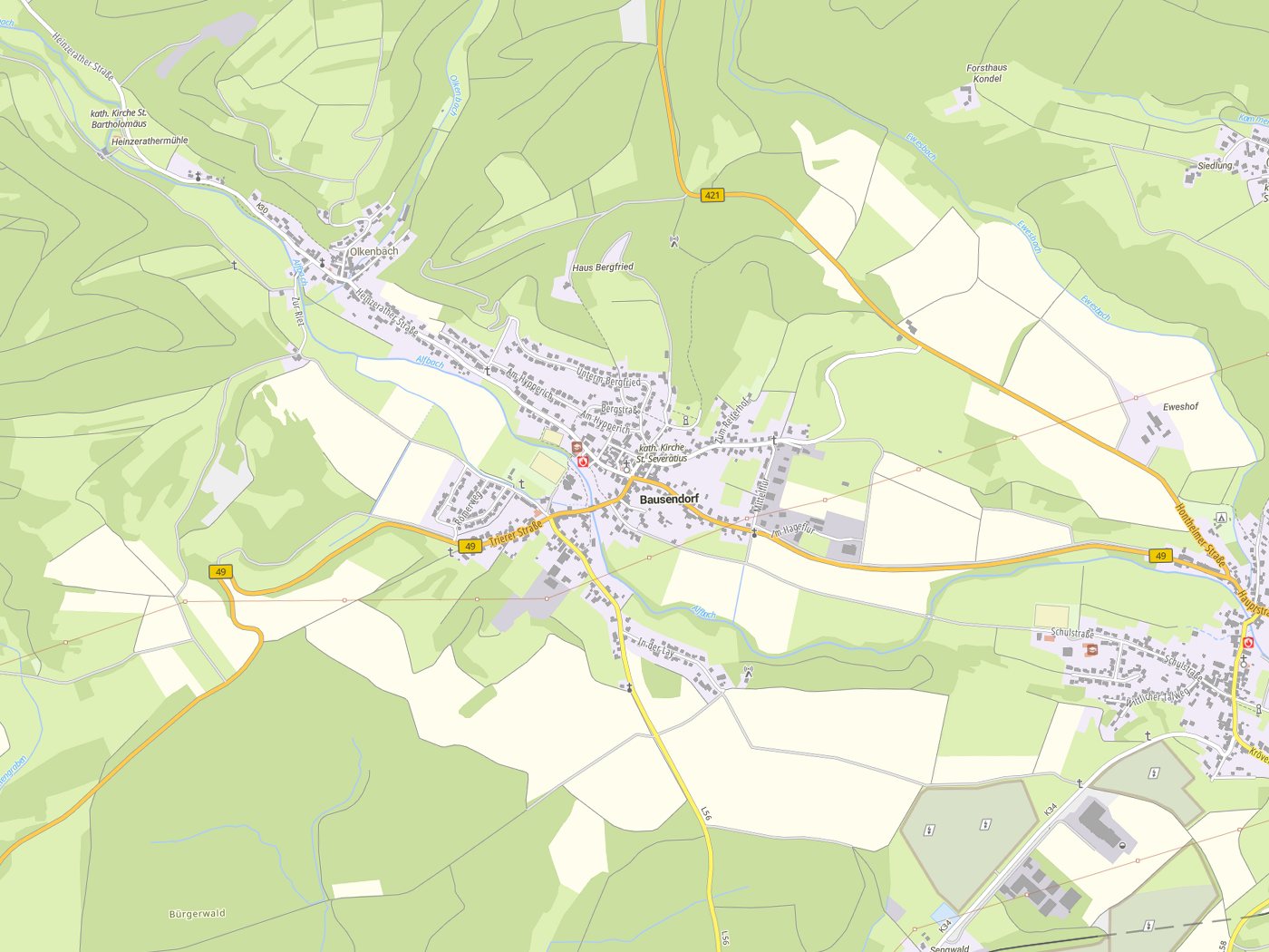 Kartenausschnitt Bausendorf mit Gewässern