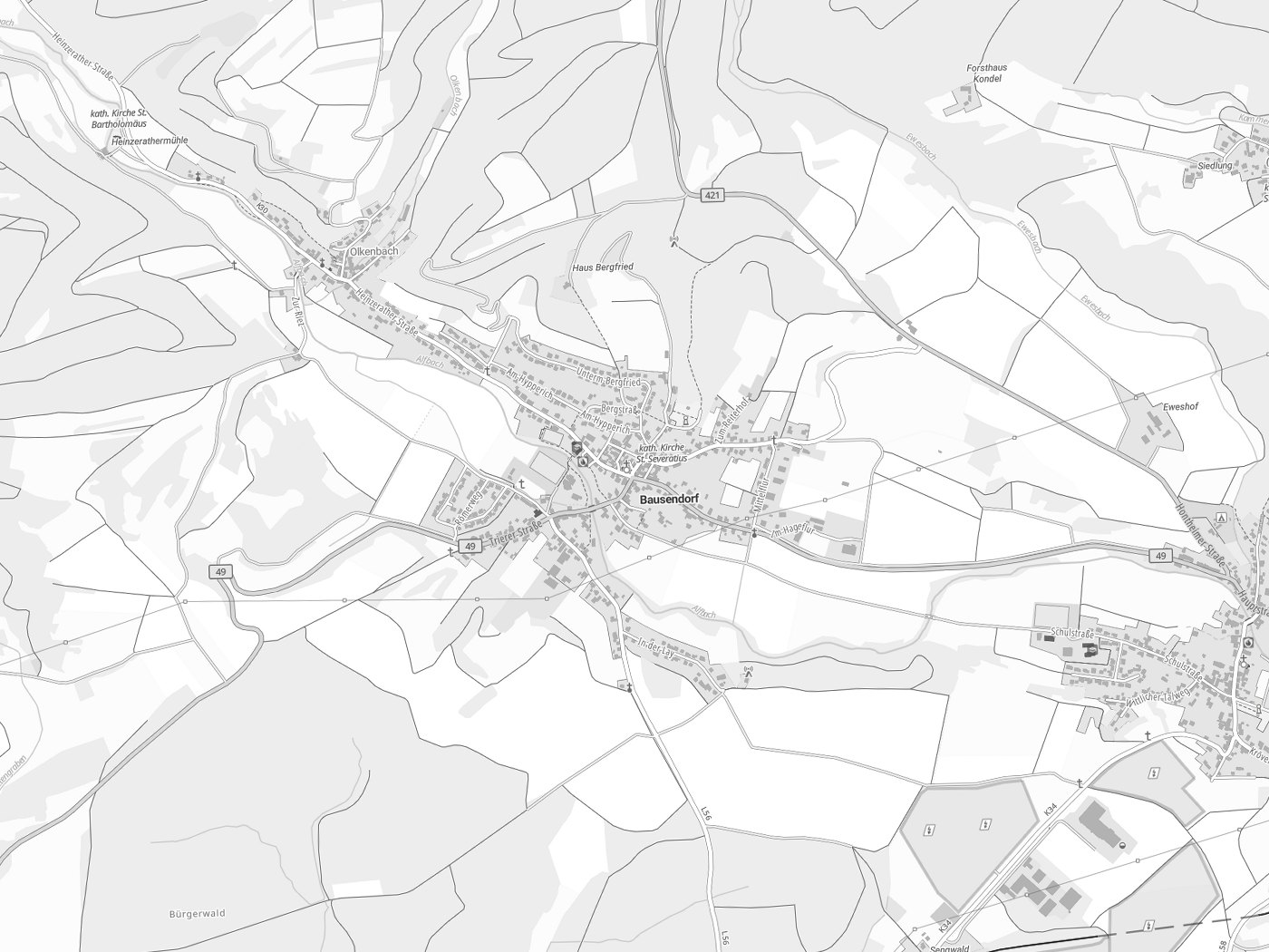 Kartenausschnitt Bausendorf mit Gewässern