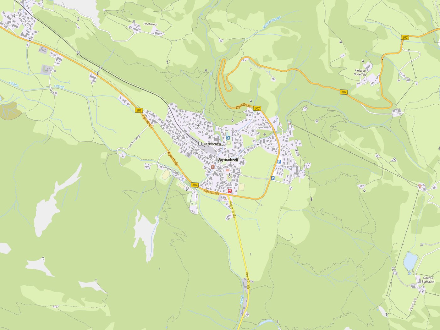Kartenausschnitt Bayrischzell mit Gewässern