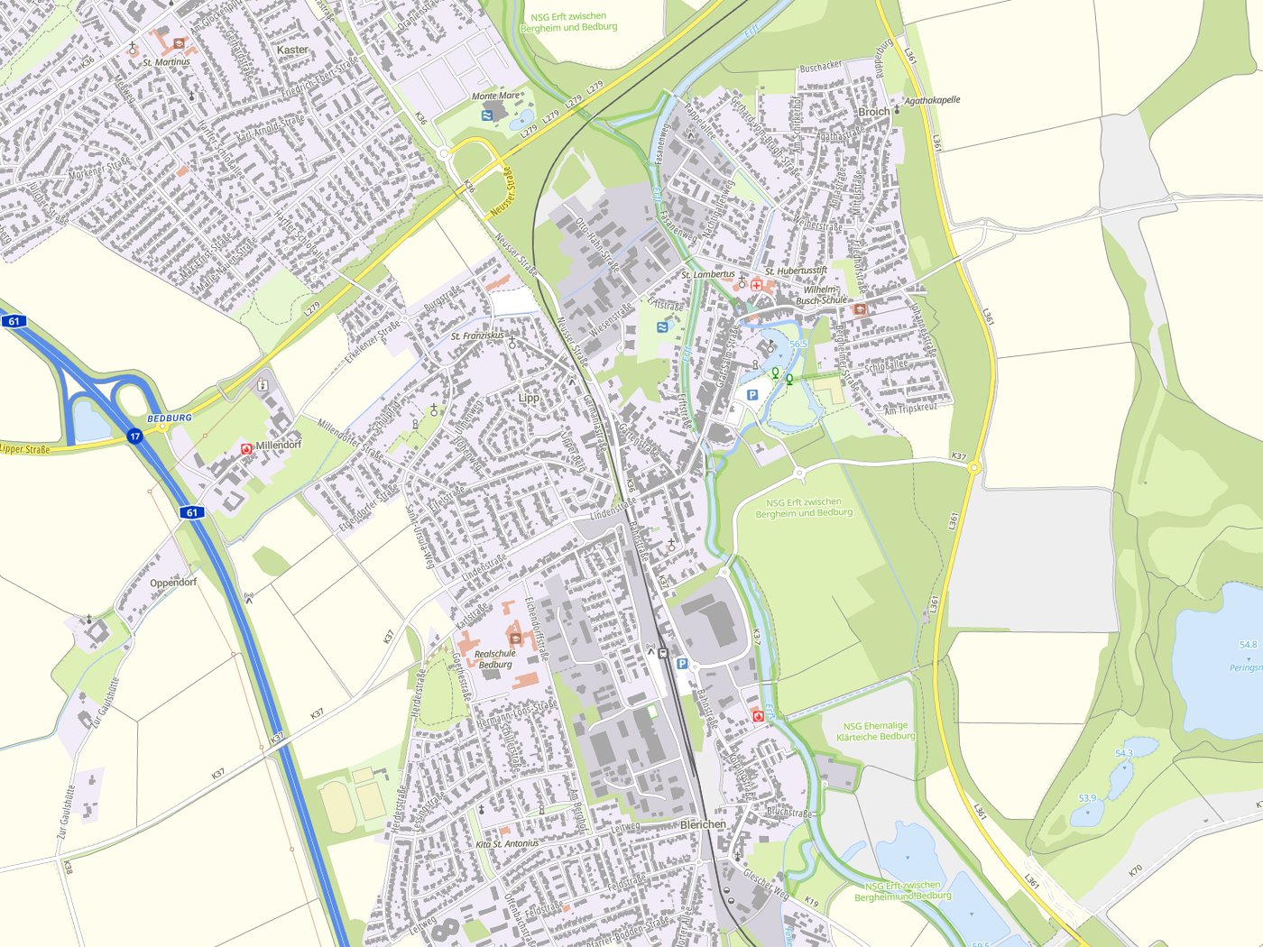 Kartenausschnitt Bedburg mit Gewässern