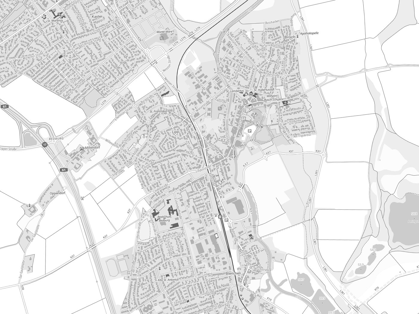 Kartenausschnitt Bedburg mit Gewässern