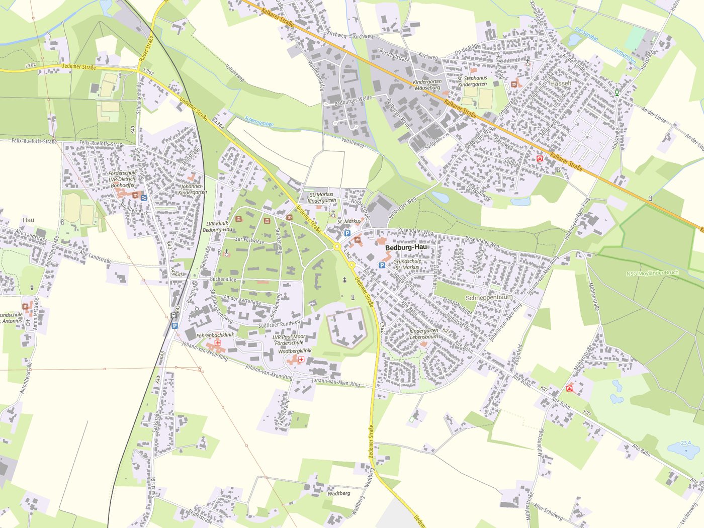 Kartenausschnitt Bedburg-Hau mit Gewässern