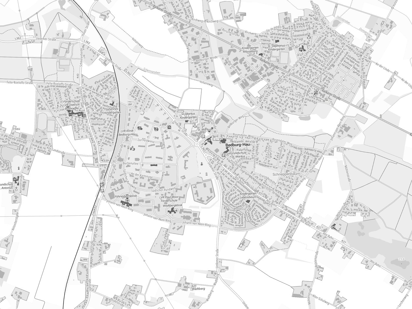 Kartenausschnitt Bedburg-Hau mit Gewässern