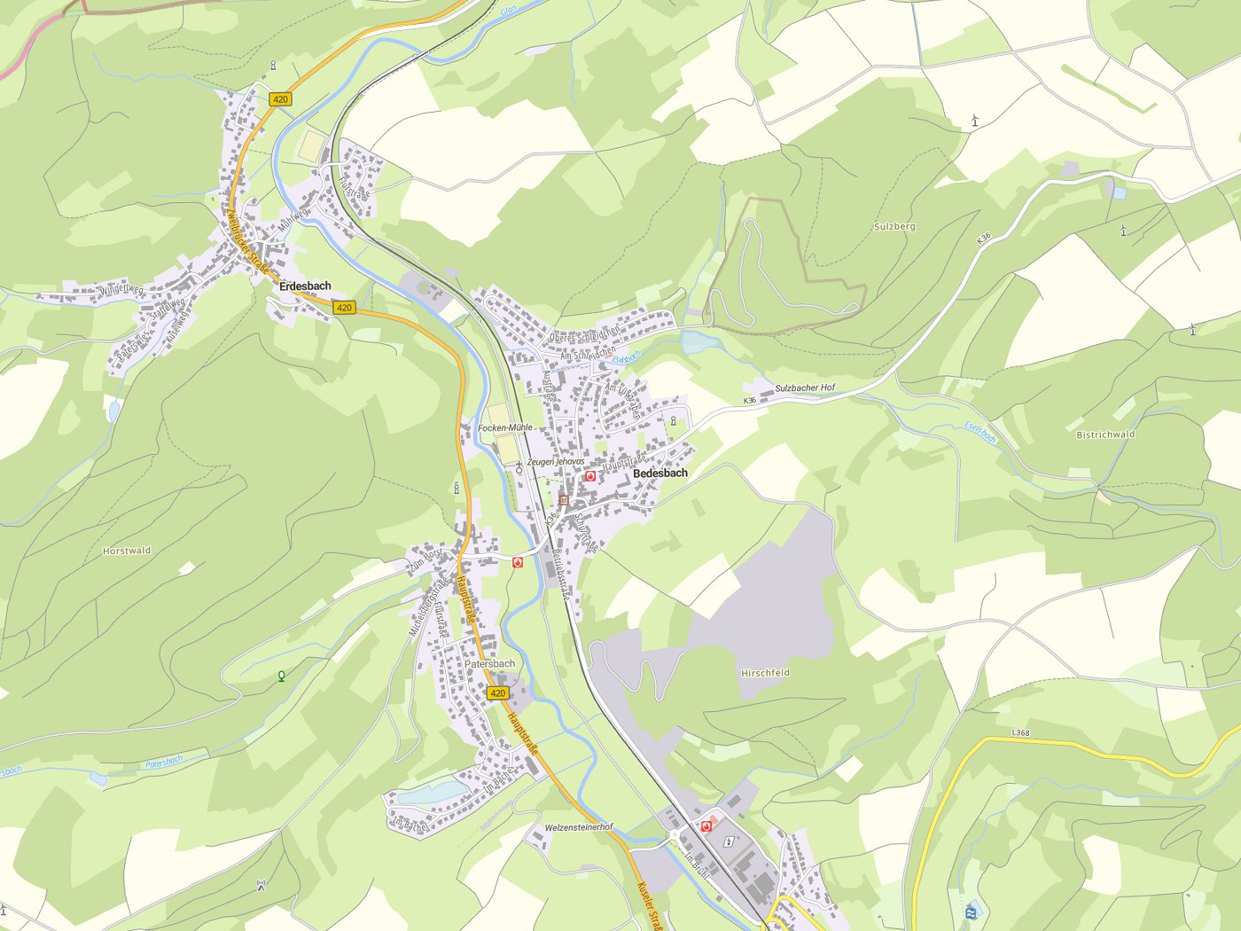Kartenausschnitt Bedesbach mit Gewässern