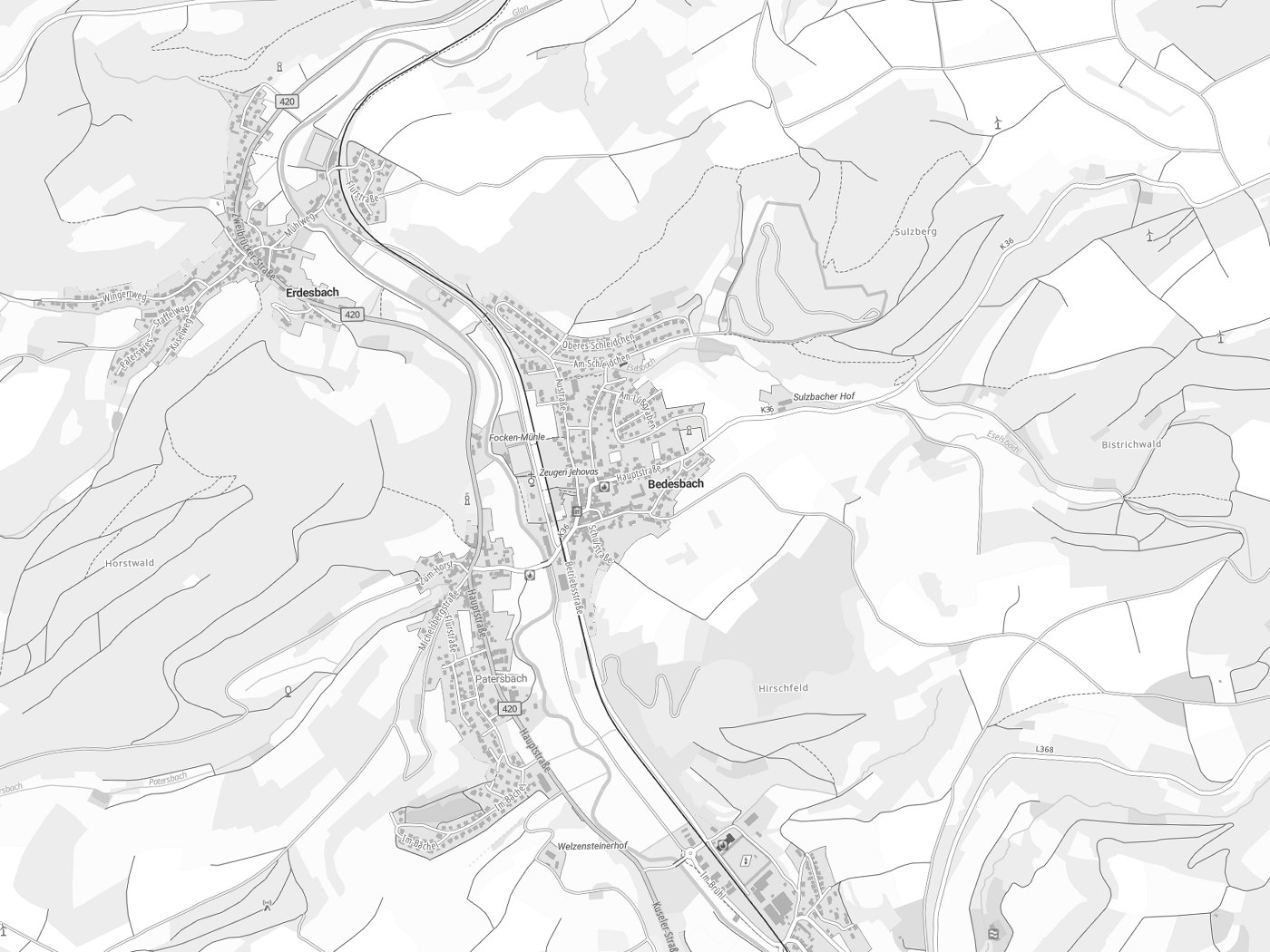 Kartenausschnitt Bedesbach mit Gewässern