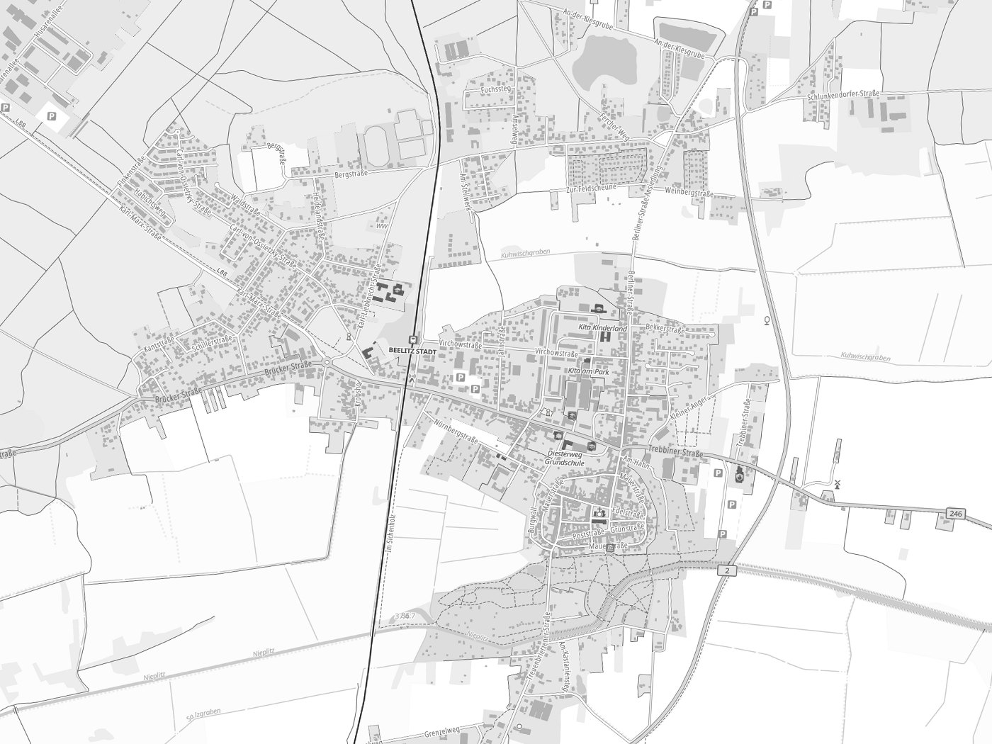Kartenausschnitt Beelitz mit Gewässern