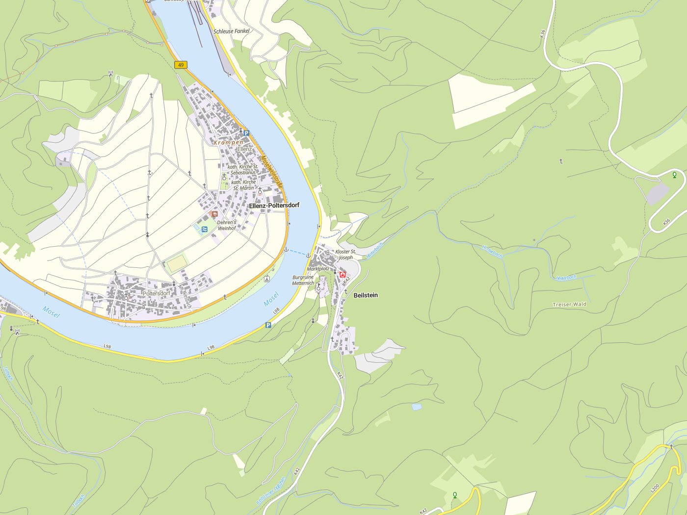 Kartenausschnitt Beilstein mit Gewässern