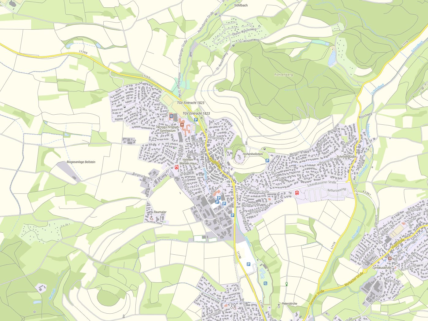 Kartenausschnitt Beilstein mit Gewässern