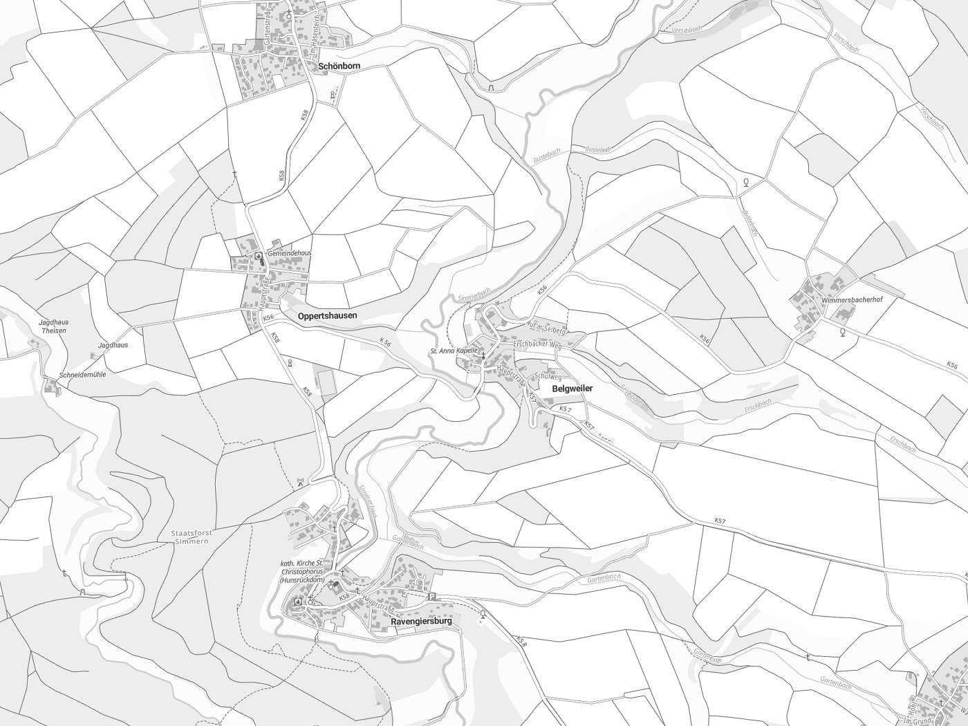 Kartenausschnitt Belgweiler mit Gewässern