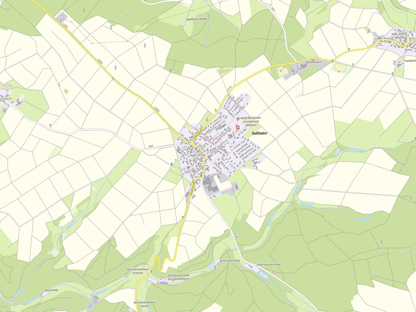 Kartenausschnitt Beltheim mit Gewässern