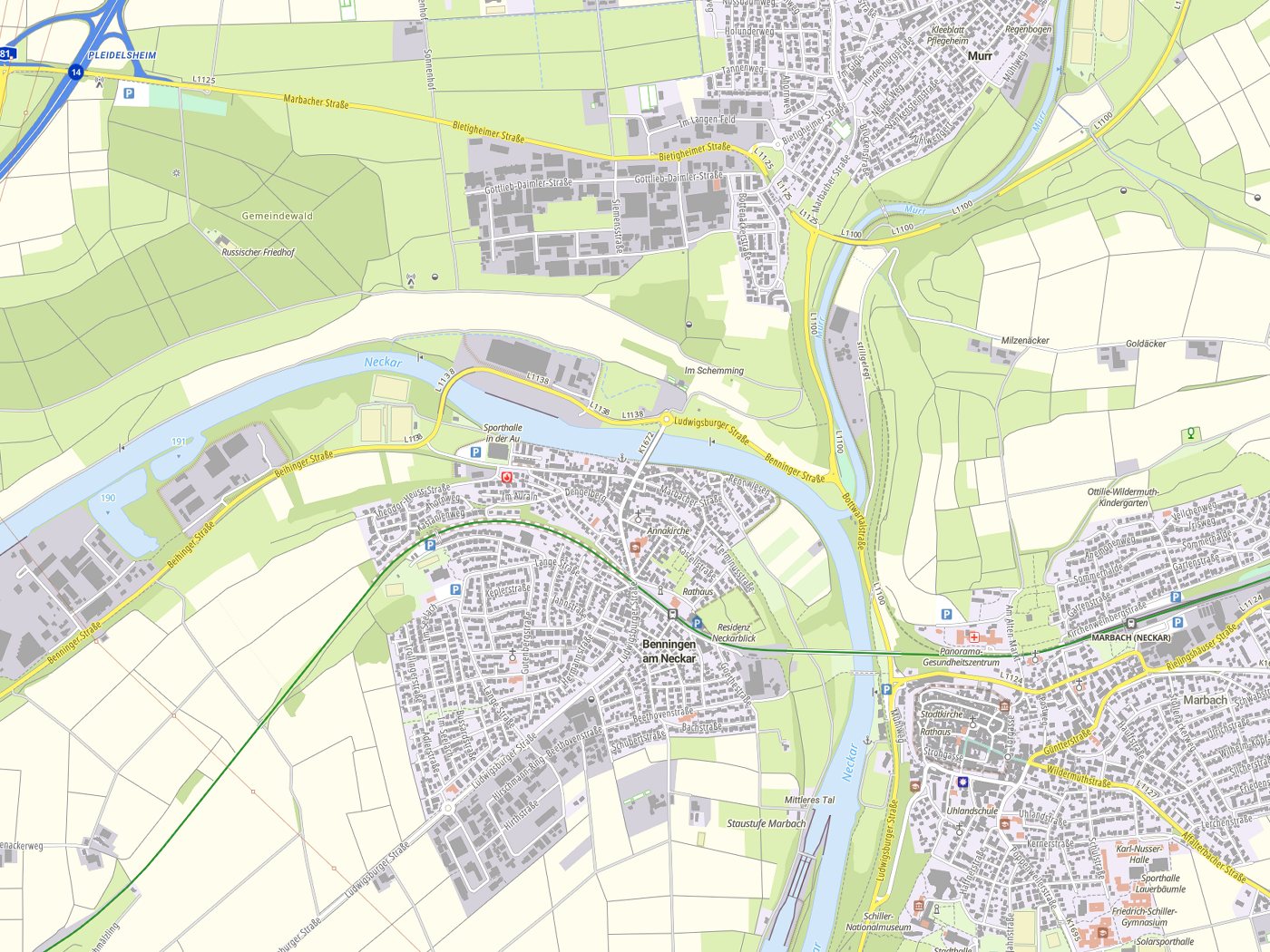 Kartenausschnitt Benningen am Neckar mit Gewässern