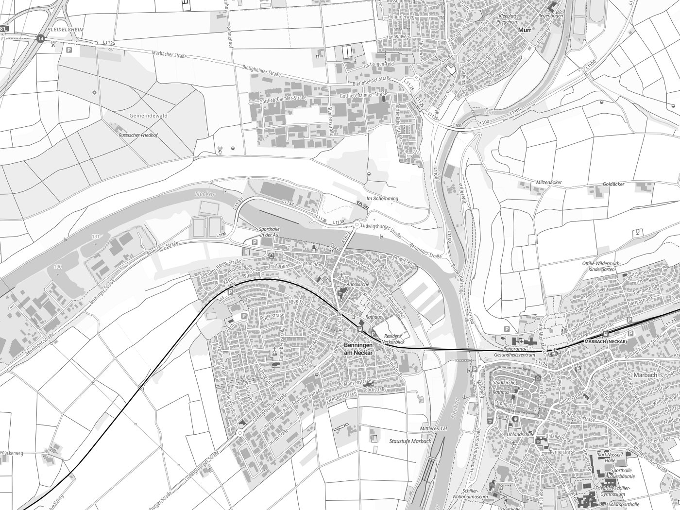 Kartenausschnitt Benningen am Neckar mit Gewässern