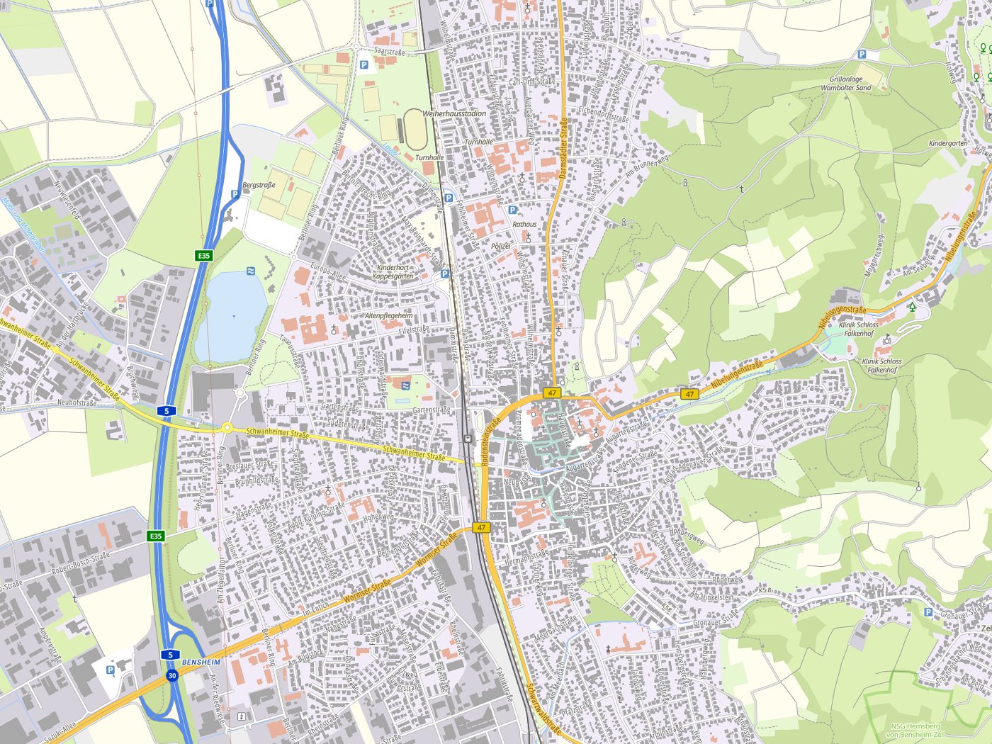 Kartenausschnitt Bensheim mit Gewässern