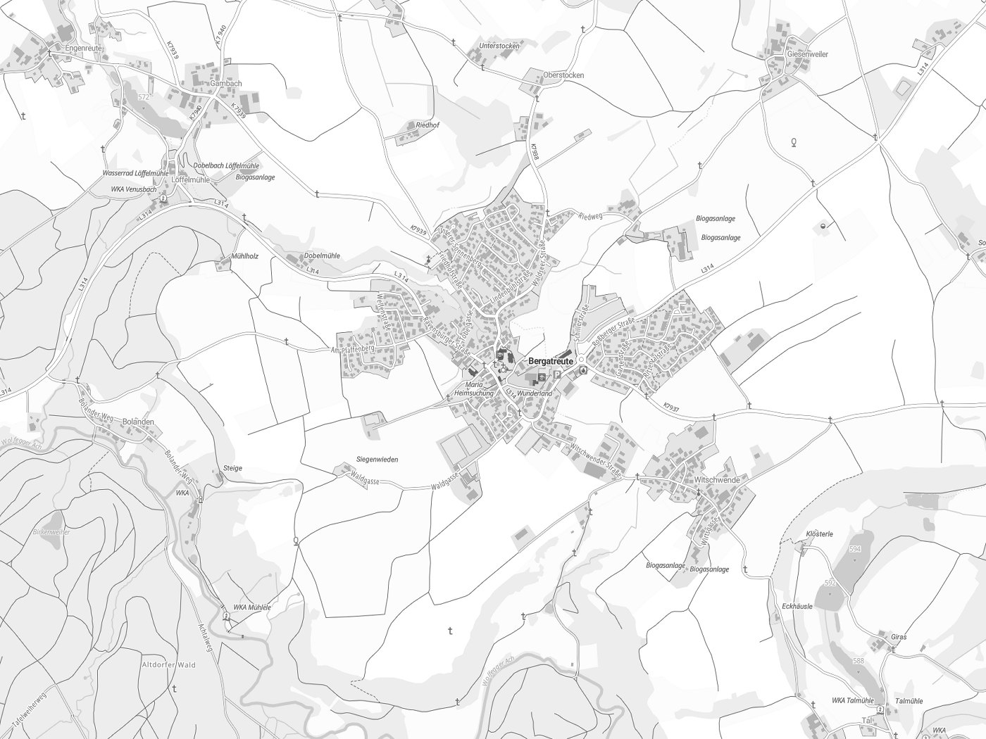 Kartenausschnitt Bergatreute mit Gewässern