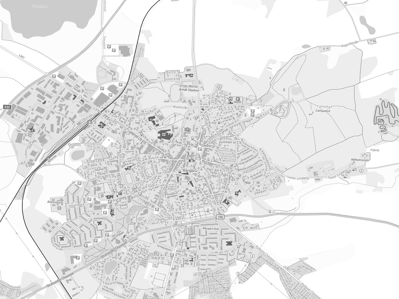 Kartenausschnitt Bergen auf Rügen mit Gewässern