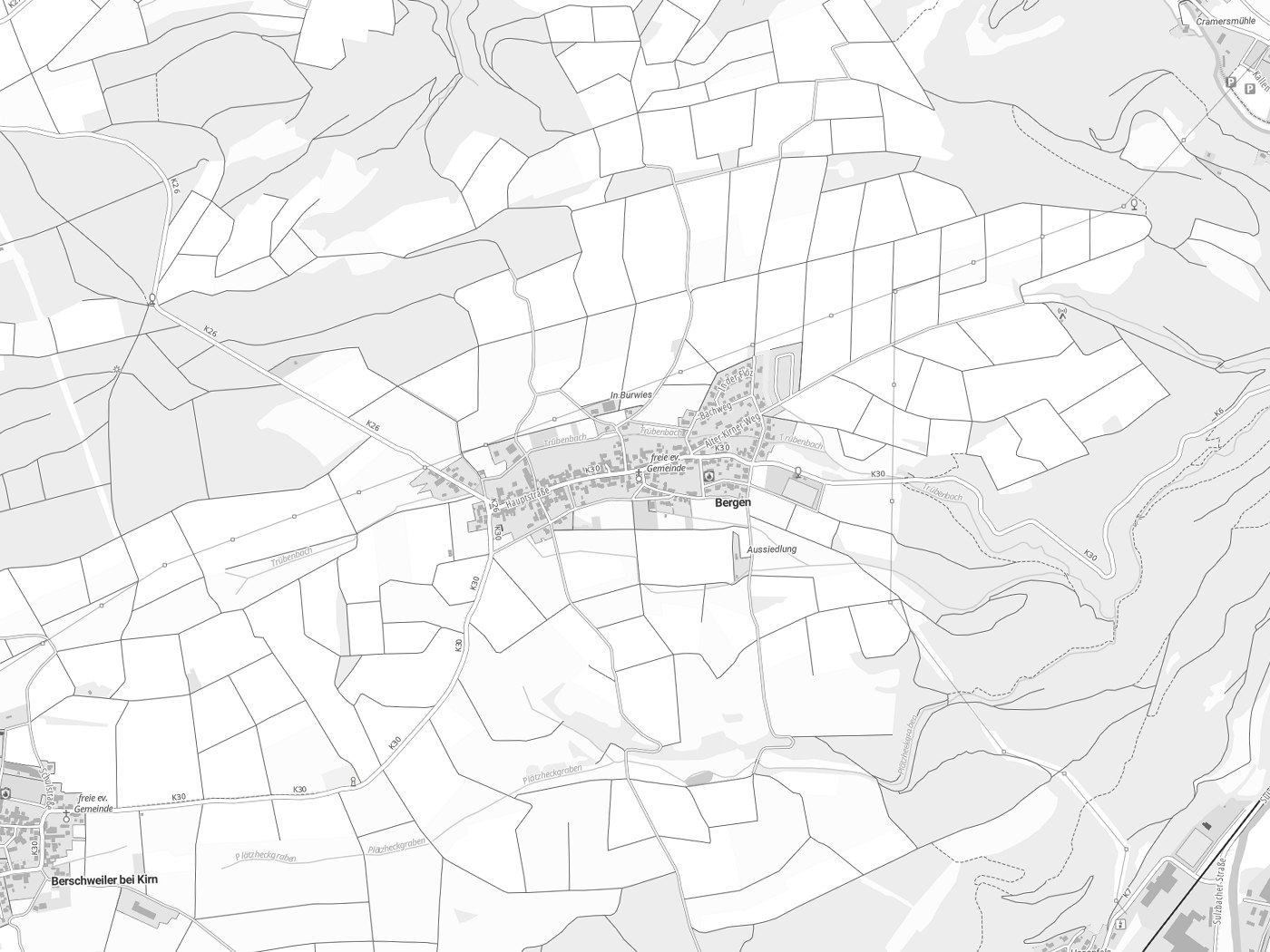 Kartenausschnitt Bergen mit Gewässern