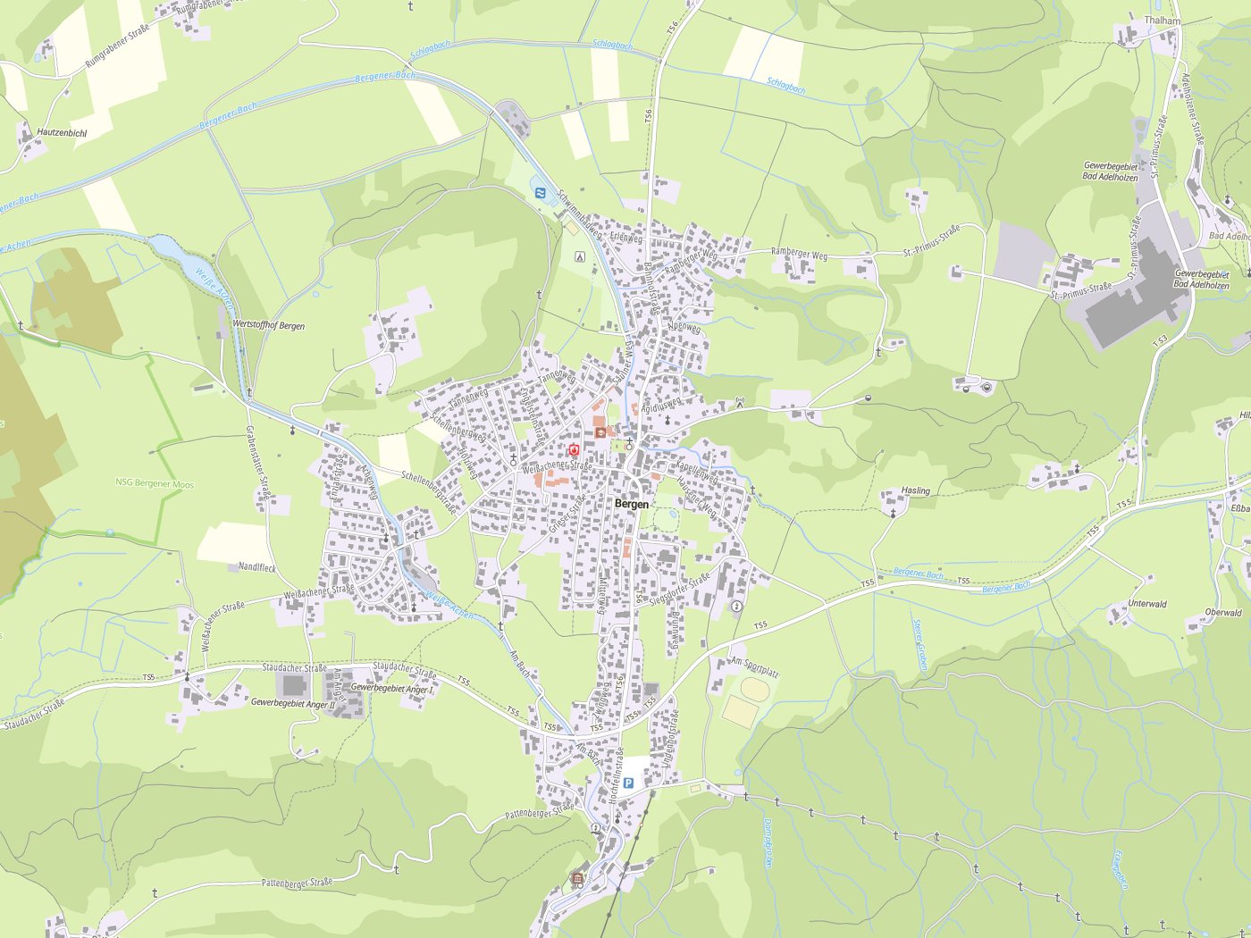 Kartenausschnitt Bergen mit Gewässern