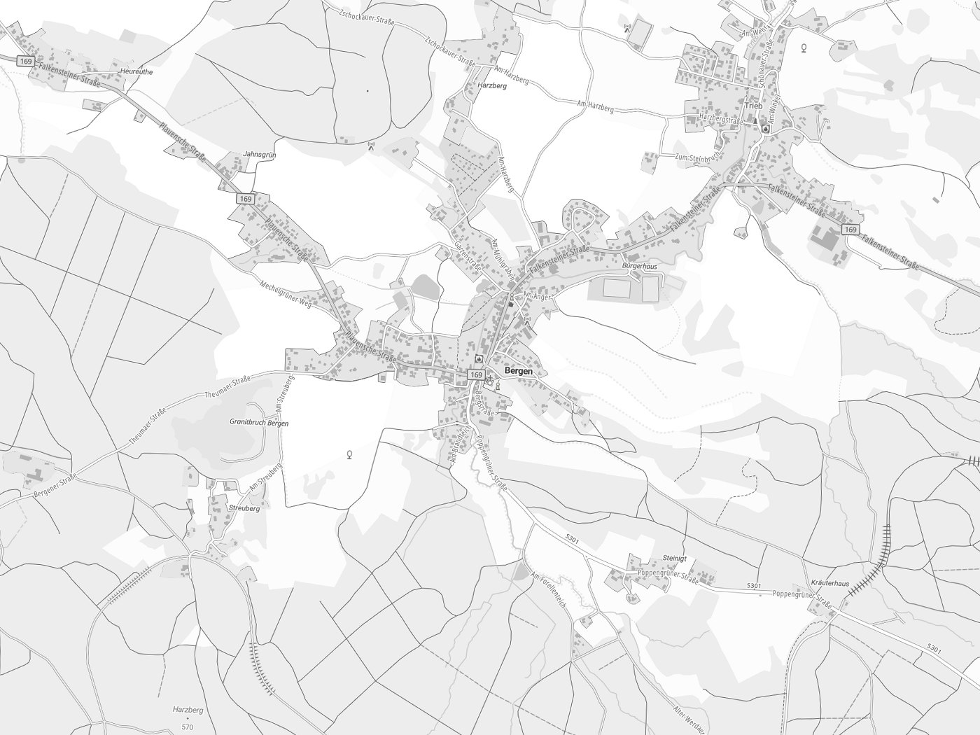 Kartenausschnitt Bergen mit Gewässern