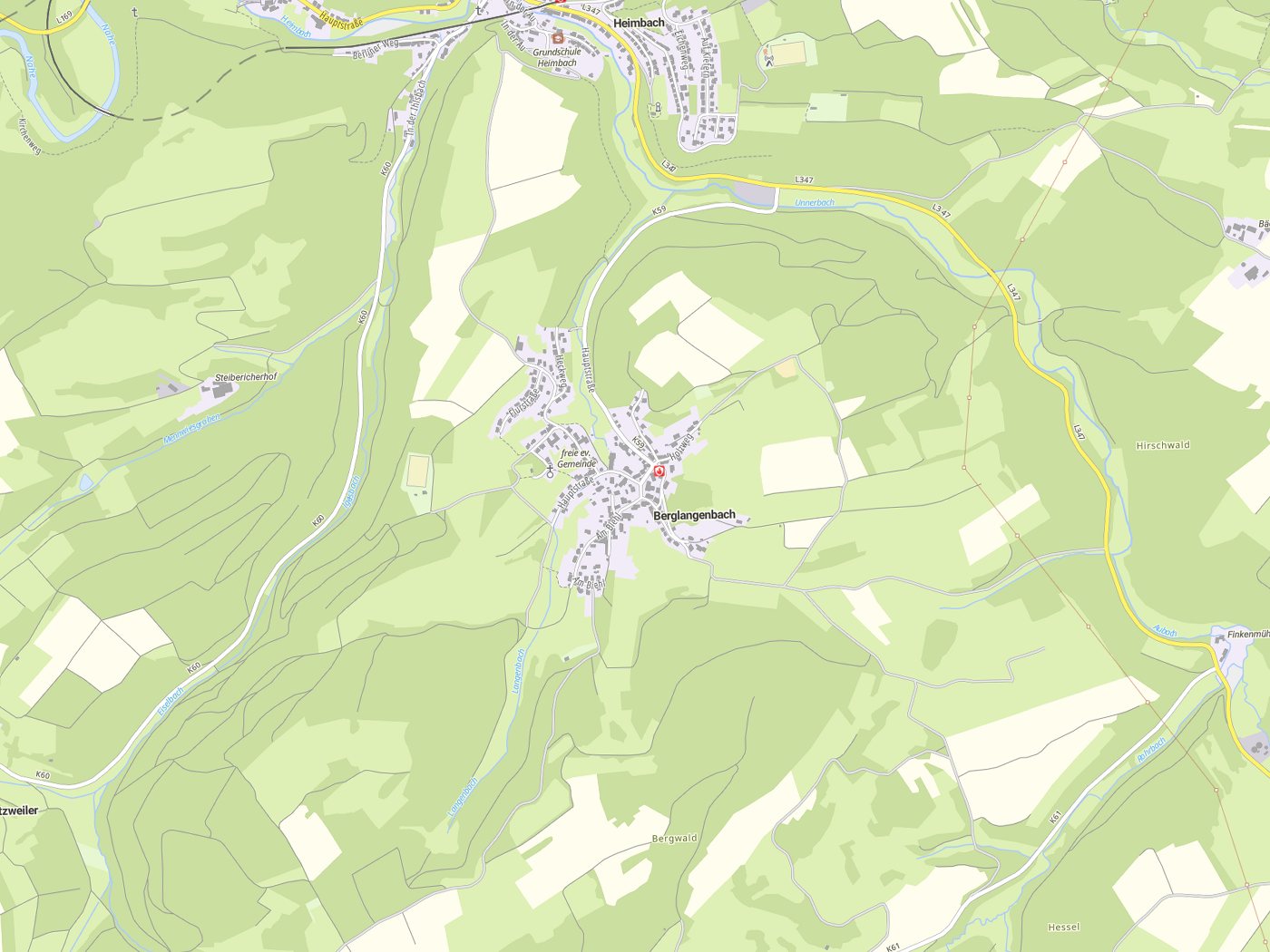 Kartenausschnitt Berglangenbach mit Gewässern