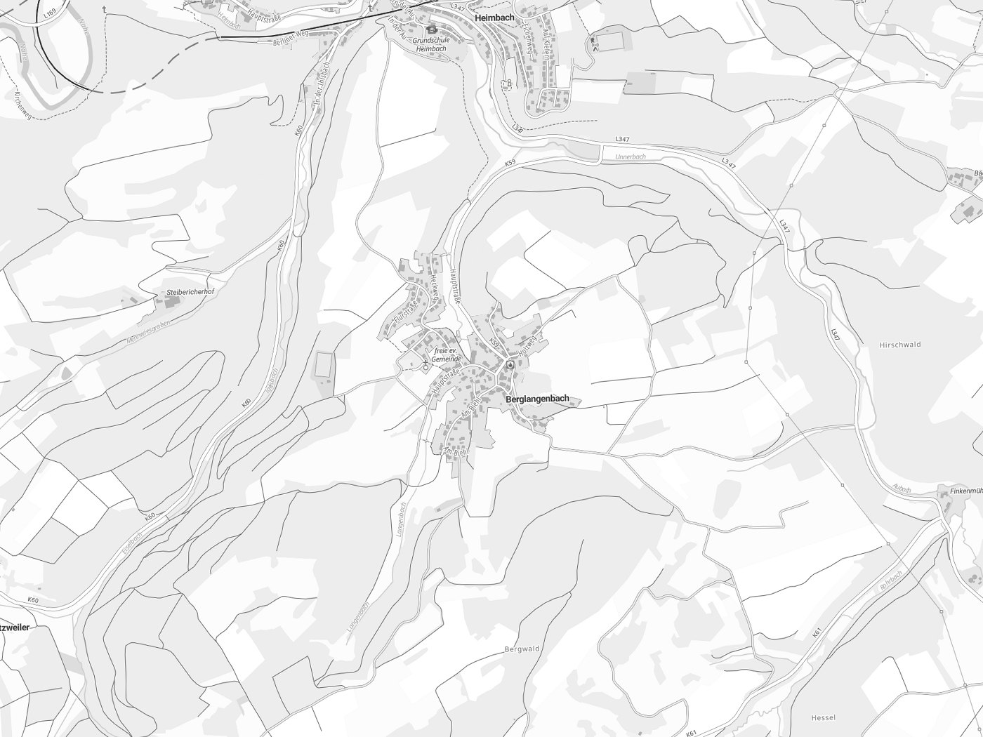 Kartenausschnitt Berglangenbach mit Gewässern