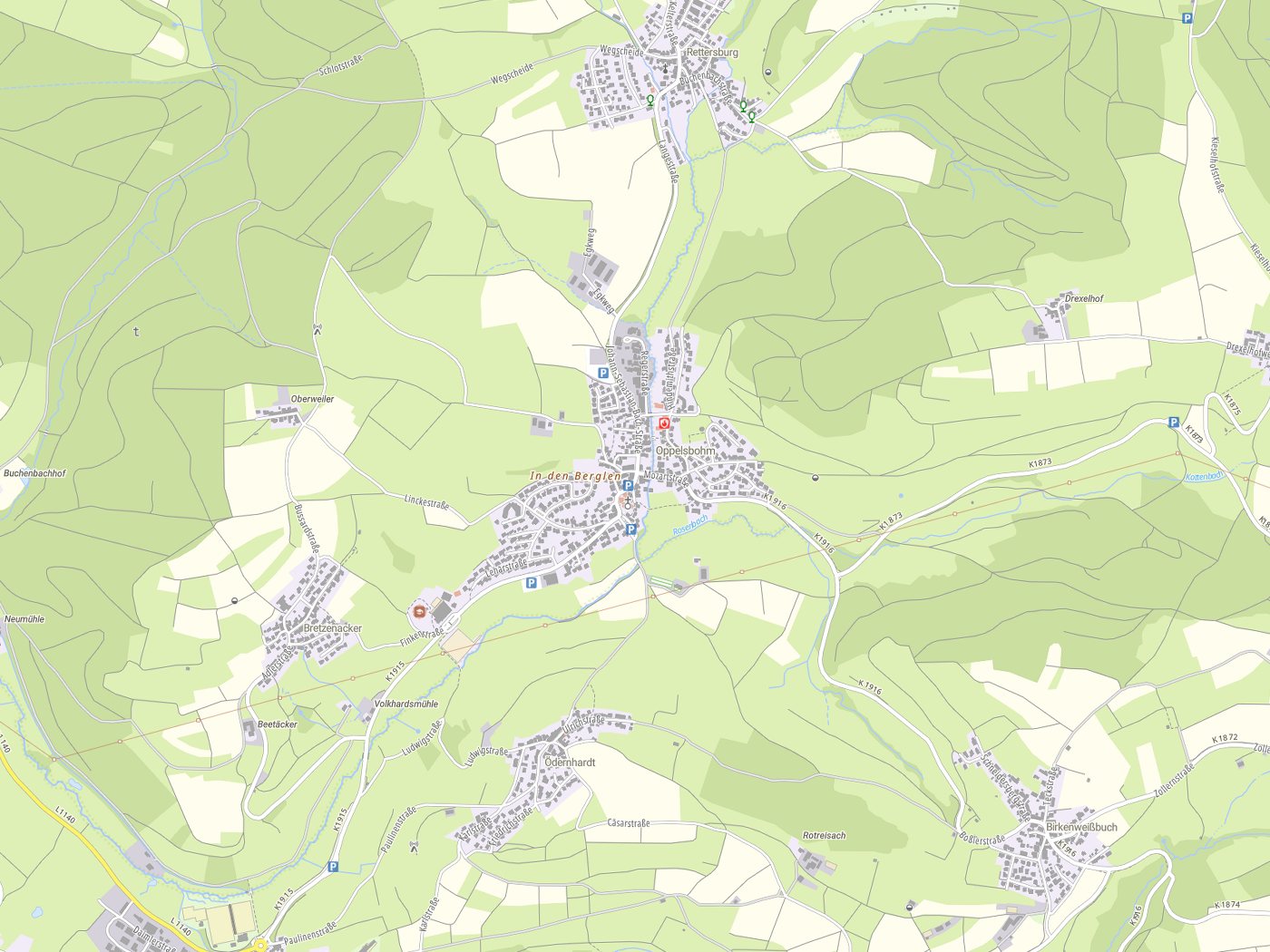 Kartenausschnitt Berglen mit Gewässern