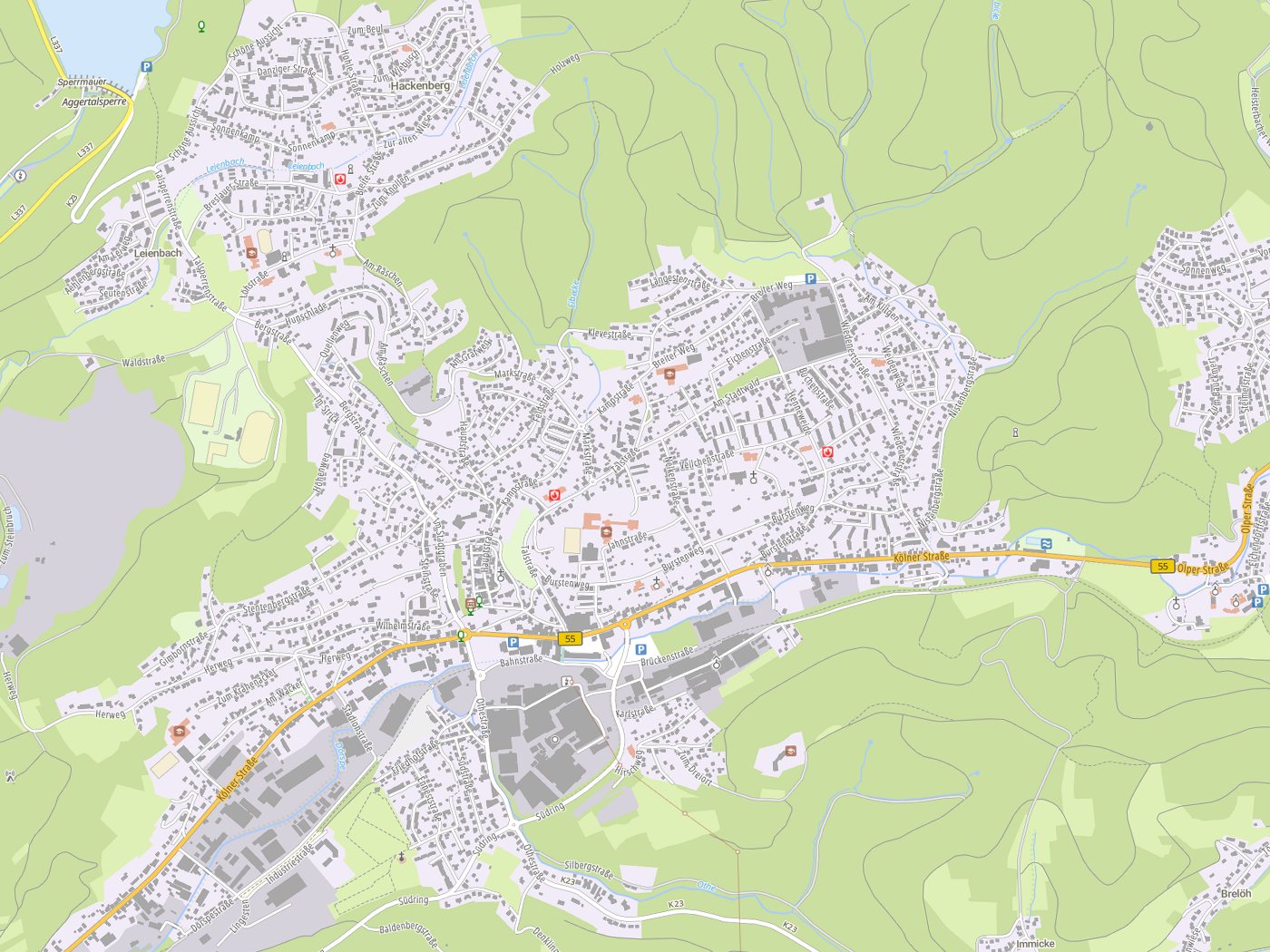 Kartenausschnitt Bergneustadt mit Gewässern