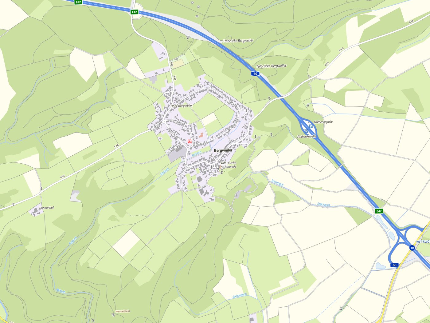 Kartenausschnitt Bergweiler mit Gewässern