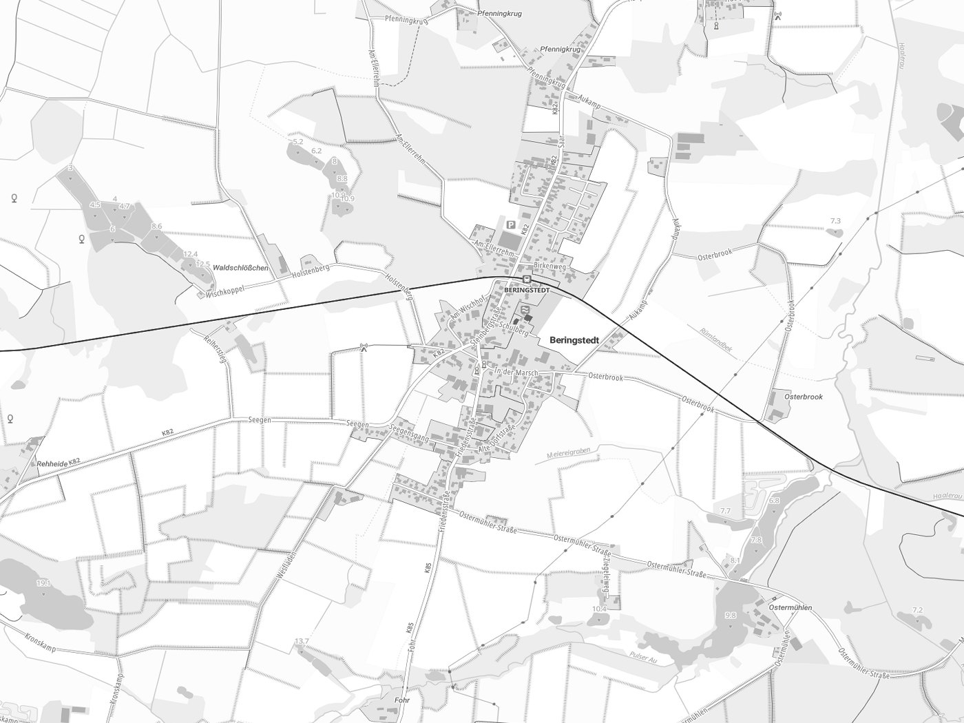 Kartenausschnitt Beringstedt mit Gewässern