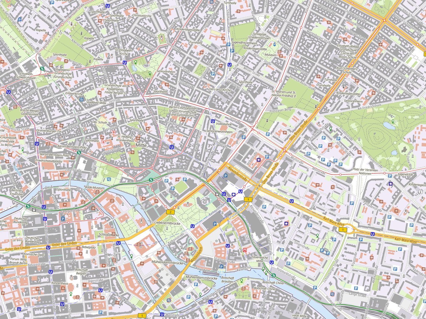 Kartenausschnitt Berlin mit Gewässern