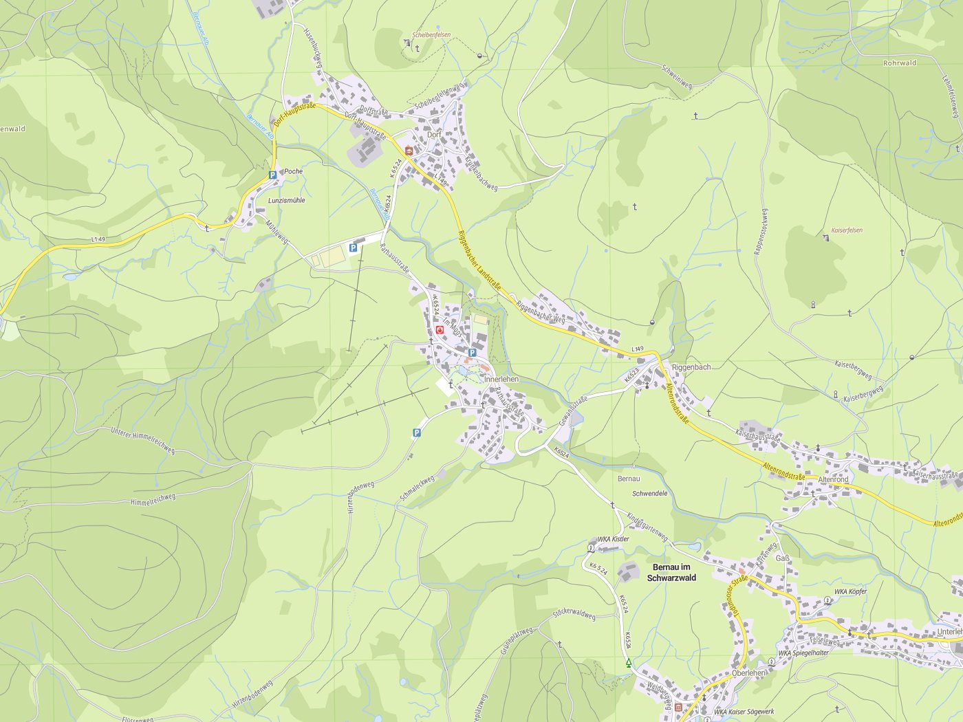Kartenausschnitt Bernau im Schwarzwald mit Gewässern
