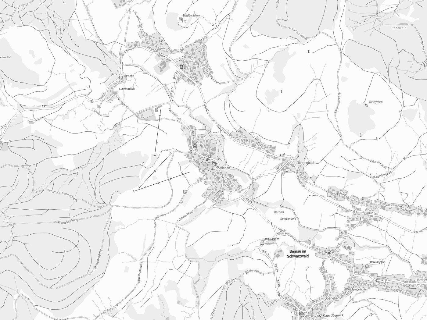 Kartenausschnitt Bernau im Schwarzwald mit Gewässern
