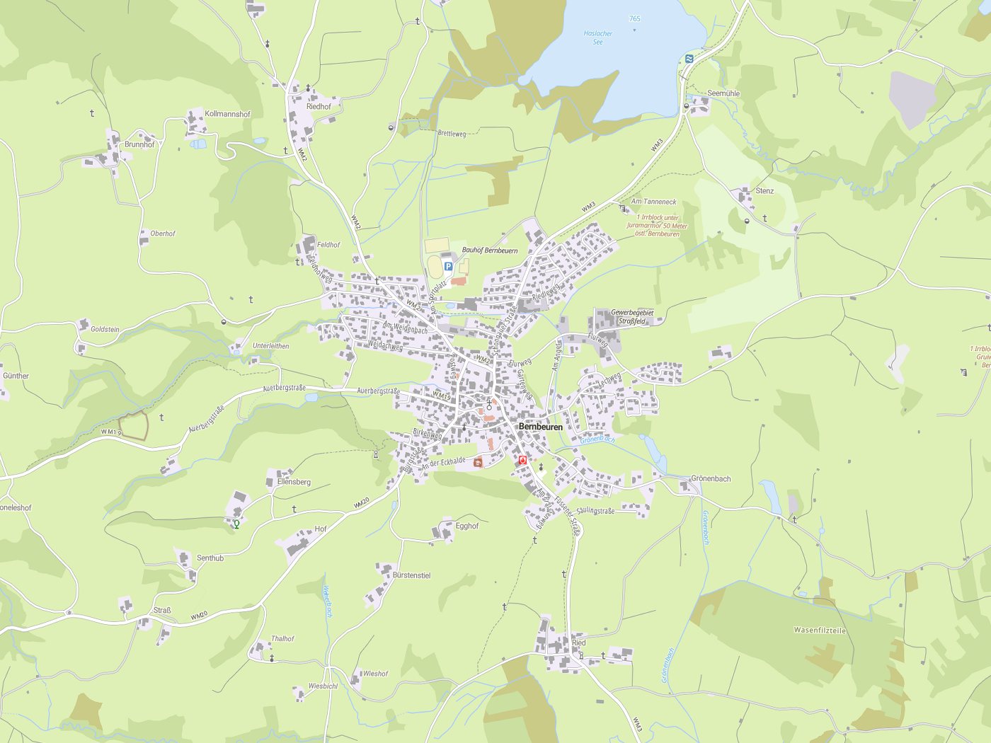 Kartenausschnitt Bernbeuren mit Gewässern