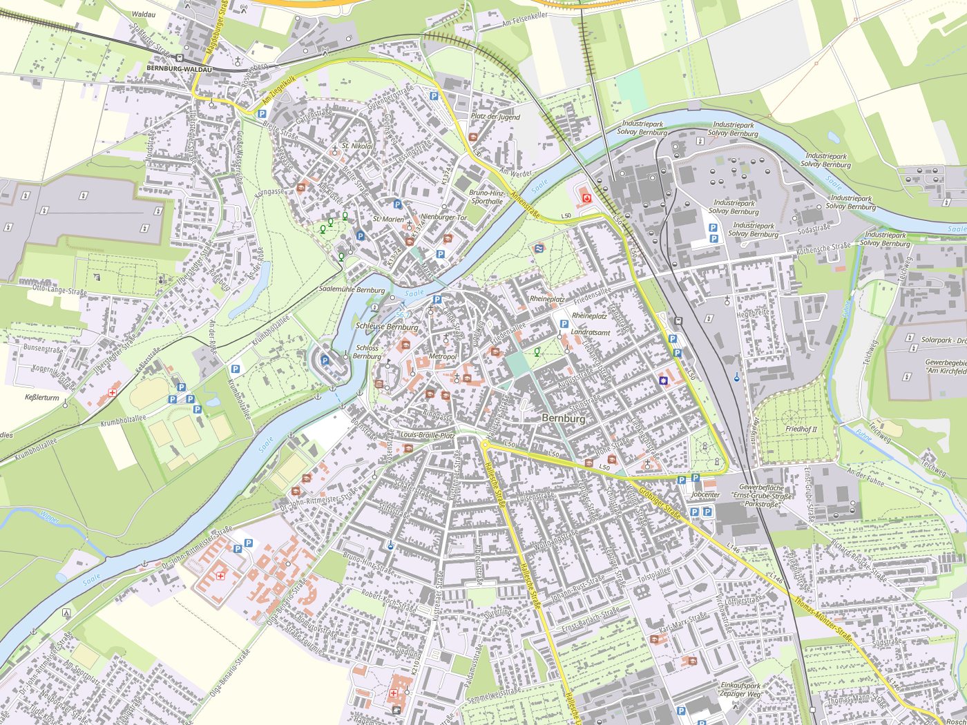 Kartenausschnitt Bernburg mit Gewässern