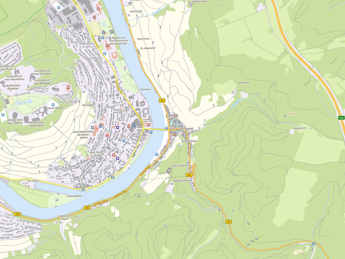 Kartenausschnitt Bernkastel-Kues mit Gewässern