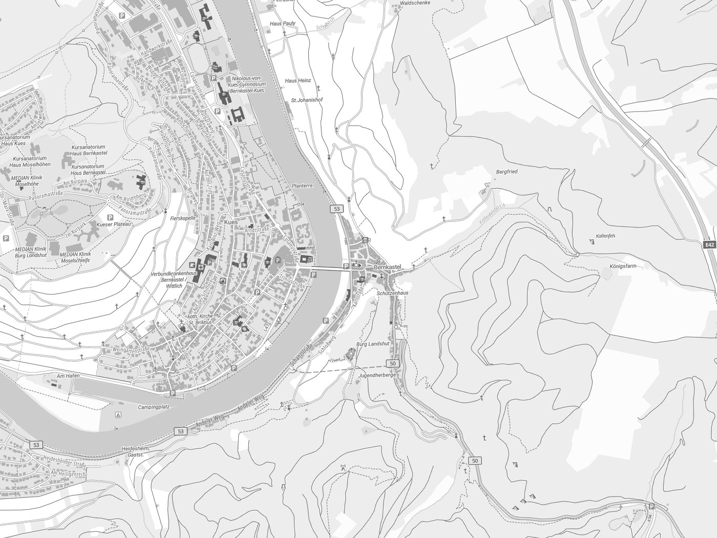 Kartenausschnitt Bernkastel-Kues mit Gewässern