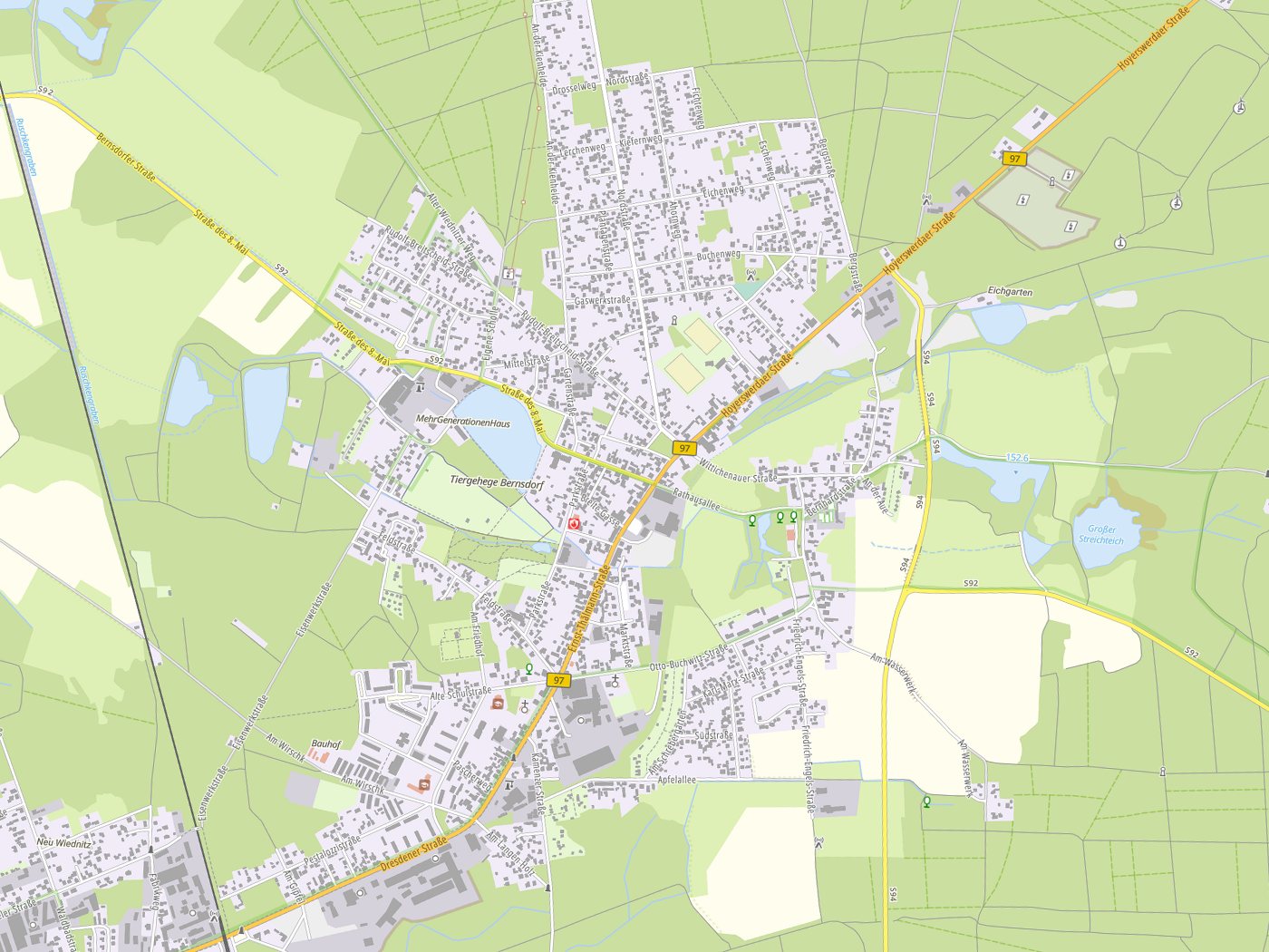 Kartenausschnitt Bernsdorf mit Gewässern