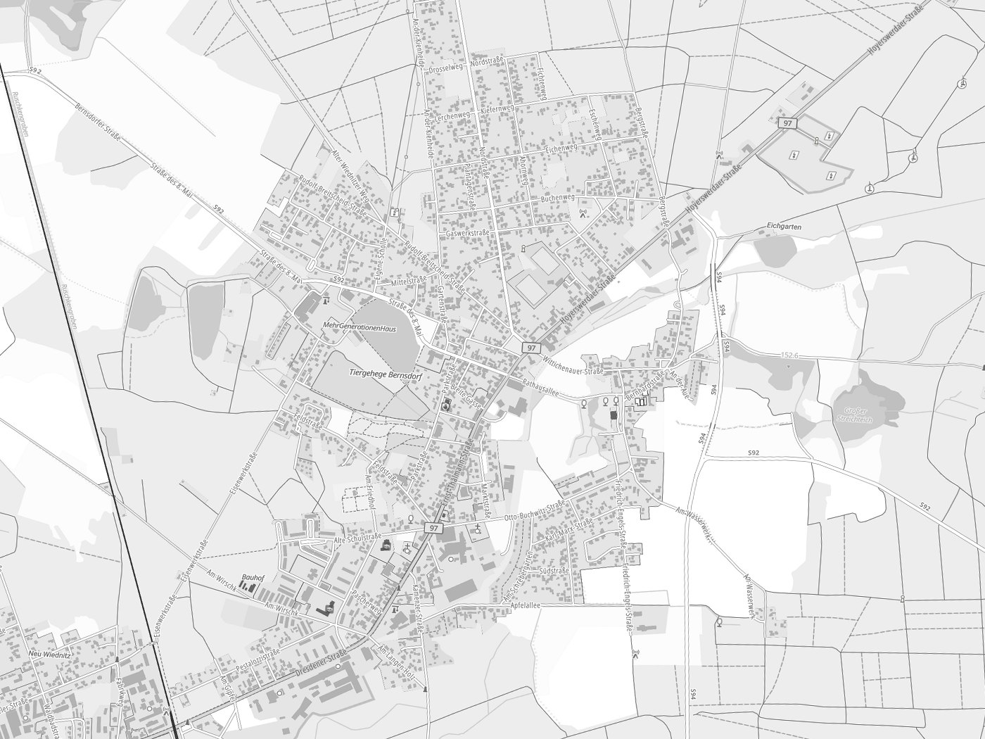 Kartenausschnitt Bernsdorf mit Gewässern