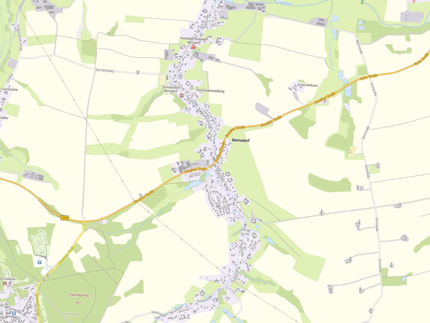 Kartenausschnitt Bernsdorf mit Gewässern