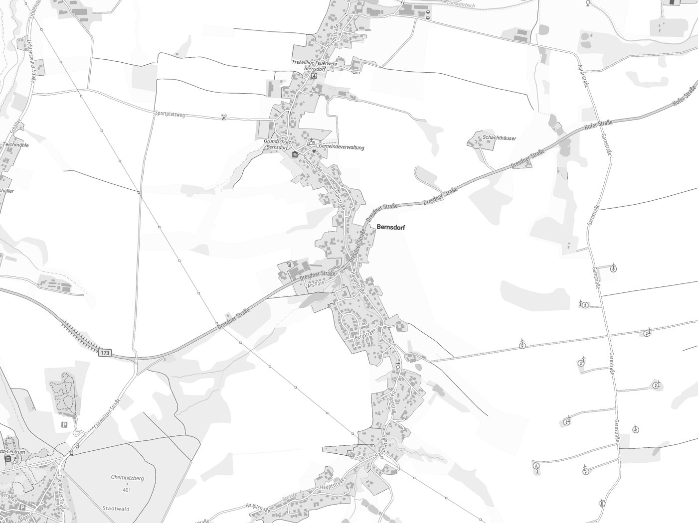Kartenausschnitt Bernsdorf mit Gewässern
