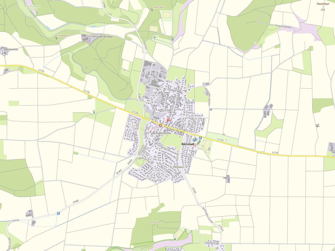 Kartenausschnitt Bernstadt mit Gewässern