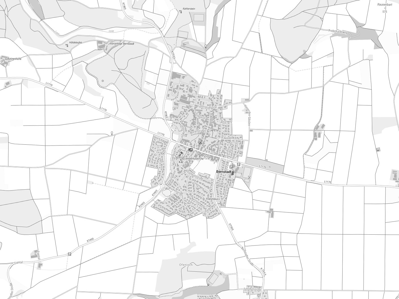 Kartenausschnitt Bernstadt mit Gewässern