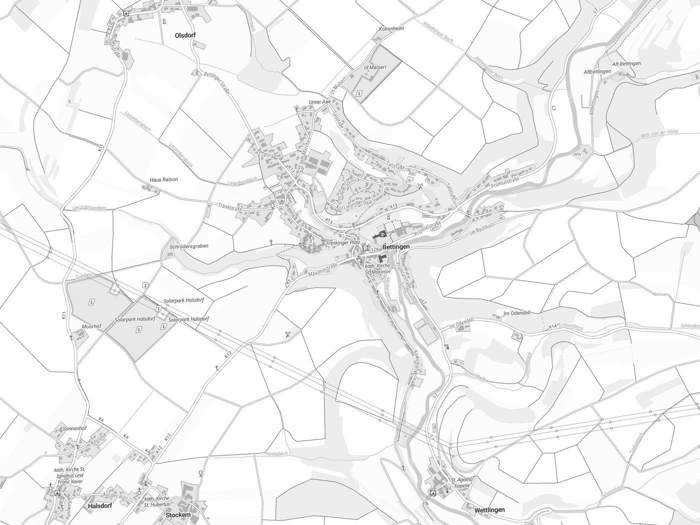 Kartenausschnitt Bettingen mit Gewässern