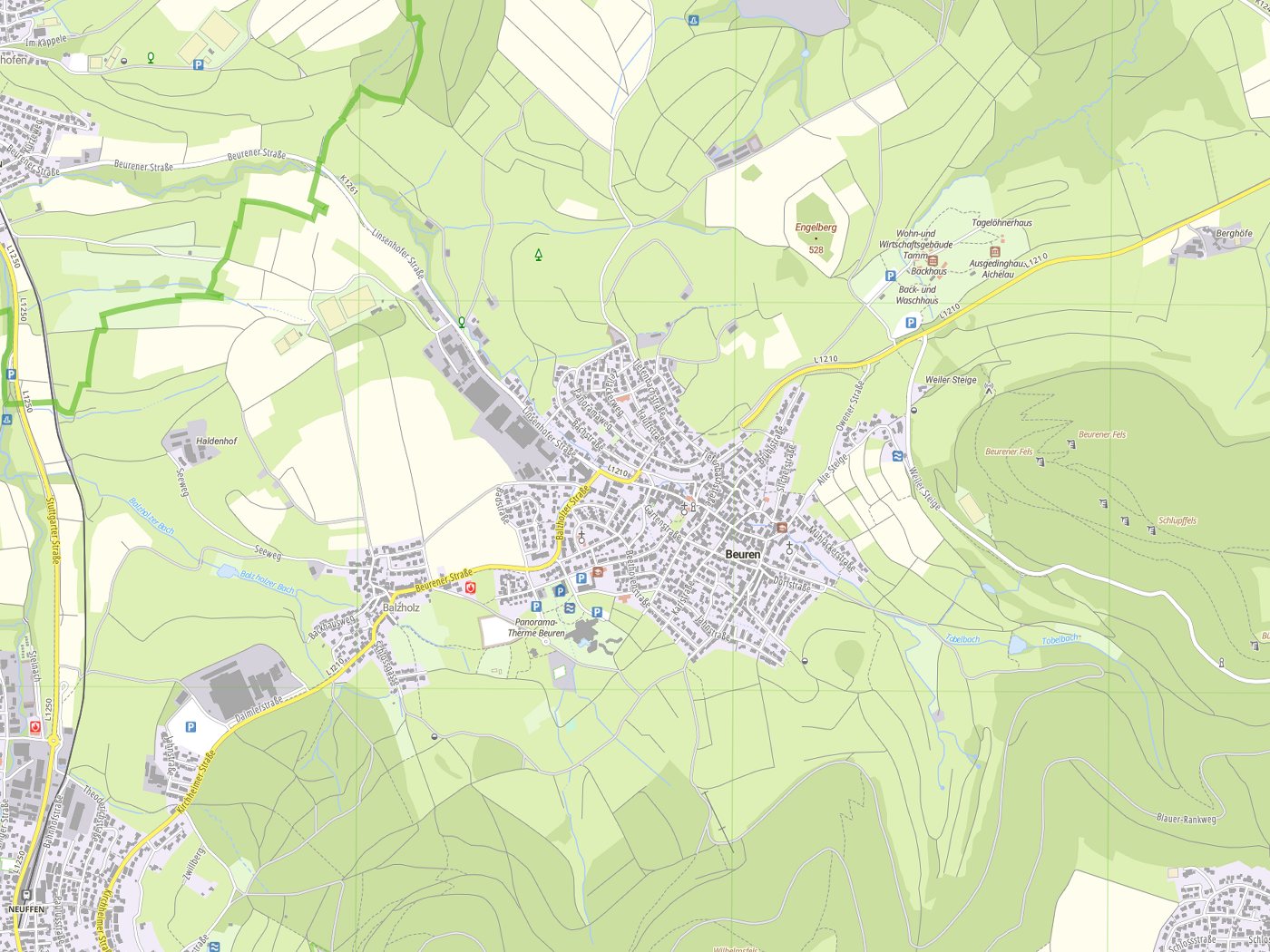 Kartenausschnitt Beuren mit Gewässern