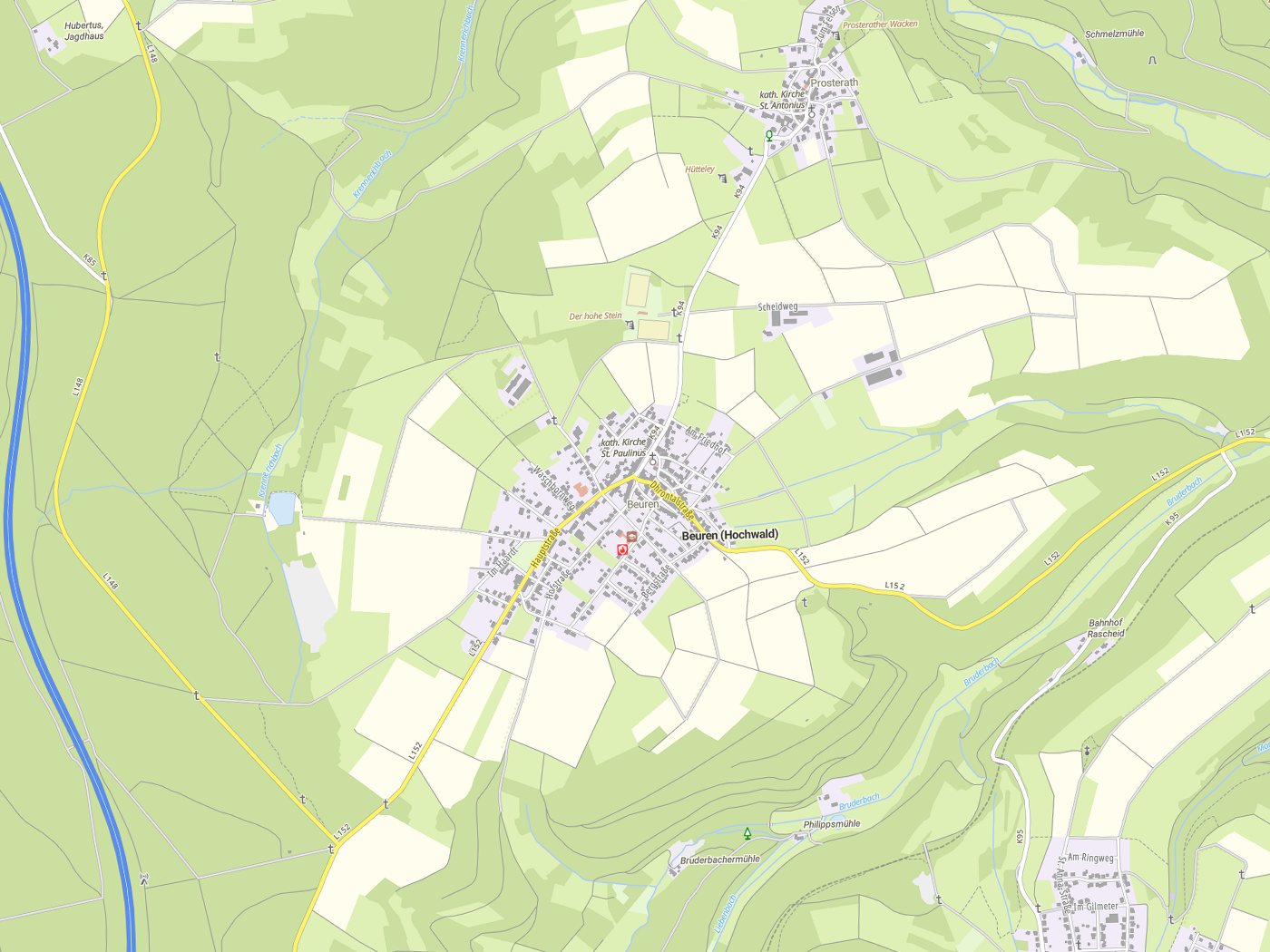 Kartenausschnitt Beuren (Hochwald) mit Gewässern